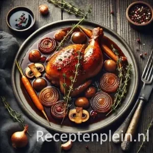 Hyperrealistische foodfoto van Coq au vin geserveerd op een matte stenen schaal op een rustieke houten tafel, licht uitgezoomd zodat het tafelblad zichtbaar is. Een glanzende kippenbout ligt in een diepe roodbruine wijnsaus, omringd door pareluitjes, wortels, champignons en spekjes, afgewerkt met verse tijm en peterselie. Naast het bord liggen bestek, een donkere linnen doek en een glas rode wijn in zacht natuurlijk daglicht met een moderne Franse bistro-uitstraling en premium foodmagazine stijl.