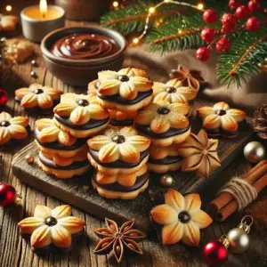 Ambachtelijke stervormige koekjes met chocolade- en sinaasappellikeurvulling, gedipt in glanzende chocoladeglazuur en versierd met suikerparels, geserveerd op een houten tafel met dennetakken en kerstdecoratie.