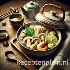 Dobin Mushi soep in traditionele kom op rustieke houten tafel