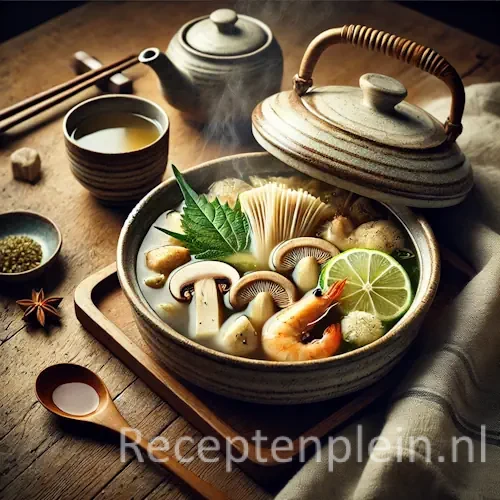 Dobin Mushi soep in traditionele kom op rustieke houten tafel