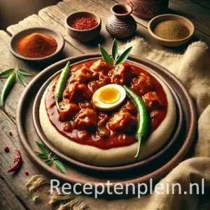 Hyperrealistische foodfoto van Doro tsebhie geserveerd in een traditionele aardewerken schaal op een grote injera, geplaatst op een rustieke houten tafel en licht uitgezoomd zodat het tafelblad zichtbaar is. De diep roodbruine kipstoofpot in kruidige saus bevat malse kipstukken, uien en een half gekookt ei, gegarneerd met groene chilipepers en kruidenblaadjes. Rondom staan schaaltjes met specerijen, een linnen doek en aardewerken kommetjes in warm, aards natuurlijk licht met een authentieke Oost-Afrikaanse sfeer en premium foodmagazine uitstraling.