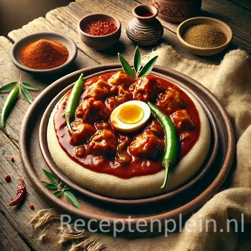 Hyperrealistische foodfoto van Doro tsebhie geserveerd in een traditionele aardewerken schaal op een grote injera, geplaatst op een rustieke houten tafel en licht uitgezoomd zodat het tafelblad zichtbaar is. De diep roodbruine kipstoofpot in kruidige saus bevat malse kipstukken, uien en een half gekookt ei, gegarneerd met groene chilipepers en kruidenblaadjes. Rondom staan schaaltjes met specerijen, een linnen doek en aardewerken kommetjes in warm, aards natuurlijk licht met een authentieke Oost-Afrikaanse sfeer en premium foodmagazine uitstraling.
