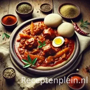 Hyperrealistische foodfoto van Doro wat geserveerd op een grote injera op een rustieke keramische schaal op een houten tafel, licht uitgezoomd zodat het tafelblad duidelijk zichtbaar is. De diep roodbruine kipstoofpot in dikke berbere saus bevat malse kipstukken, gekaramelliseerde ui en een half gekookt ei, omringd door opgerolde injera. Rondom staan schaaltjes met berbere specerijen, een linnen doek en aardewerken kommetjes in warm natuurlijk licht met een authentieke Ethiopische sfeer en premium foodmagazine uitstraling.