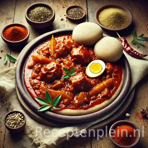 Hyperrealistische foodfoto van Doro wat geserveerd op een grote injera op een rustieke keramische schaal op een houten tafel, licht uitgezoomd zodat het tafelblad duidelijk zichtbaar is. De diep roodbruine kipstoofpot in dikke berbere saus bevat malse kipstukken, gekaramelliseerde ui en een half gekookt ei, omringd door opgerolde injera. Rondom staan schaaltjes met berbere specerijen, een linnen doek en aardewerken kommetjes in warm natuurlijk licht met een authentieke Ethiopische sfeer en premium foodmagazine uitstraling.