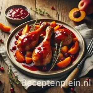 drumsticks met vruchtensaus goudbruin op rustieke houten tafel met fruit en kruiden