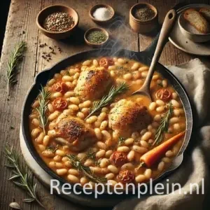 Hyperrealistische foodfoto van een eenpansgerecht met kip en witte bonen in een zwarte gietijzeren pan op een rustieke houten tafel, licht uitgezoomd zodat het tafelblad zichtbaar is. Goudbruin gebakken kipstukken liggen in een romige saus met witte bonen, wortel, selderij, rozemarijn en kleine tomaatjes, met lichte stoom die opstijgt. Naast de pan liggen een houten lepel, schaaltjes met bonen en kruiden, een snee rustiek brood en een linnen doek in warm natuurlijk daglicht met een landelijke premium foodmagazine uitstraling.