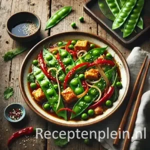 exotische roerbak peultjes bosui recept in wok op rustieke houten tafel