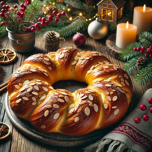 Goudbruine Finse kerstkrans van gevlochten deeg met amandelschaafsel, geserveerd op een rustieke houten tafel met kerstdecoratie zoals dennentakken en rode bessen.