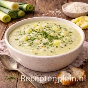 Fluweelzachte preisoep met rijst en aardappel in een diepe kom, gegarneerd met fijngesneden bieslook, geserveerd op een rustieke houten tafel met verse prei, rijst, aardappelblokjes, brood en een linnen doek bij warm natuurlijk licht.