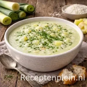 Fluweelzachte preisoep met rijst en aardappel in een diepe kom, geserveerd op een rustieke houten tafel met verse prei, rijst, aardappelblokjes, knoflook, brood en een linnen doek bij warm natuurlijk licht.