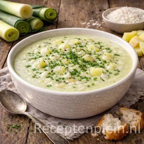 Fluweelzachte preisoep met rijst en aardappel in een diepe kom, geserveerd op een rustieke houten tafel met verse prei, rijst, aardappelblokjes, knoflook, brood en een linnen doek bij warm natuurlijk licht.