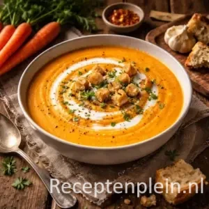 Kom romige wortelsoep met een swirl van zure room en krokante croutons, geserveerd op een rustieke houten tafel met verse wortelen, knoflook, peterselie, grof brood en een linnen doek bij warm natuurlijk licht.