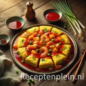 Hyperrealistische foodfoto van foe yong hai: een goudgele, luchtige omelet in dikke punten gesneden en overgoten met glanzende rood-oranje zoetzure saus met doperwten, wortelblokjes en garnalen. Geserveerd op een ovale keramische schaal op een rustieke houten tafel met zichtbaar tafelblad rondom het gerecht. Op de achtergrond staan kleine schaaltjes extra saus, verse lente-ui en houten eetstokjes, met warm natuurlijk zijlicht en zachte schaduwen voor een premium foodmagazine uitstraling.