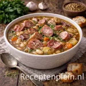 Franse boerenbonensoep met rookworst en katenspek in een diepe kom, geserveerd op een rustieke houten tafel met witte bonen, wortel, knoflook, verse kruiden, brood en een linnen doek bij warm natuurlijk licht.