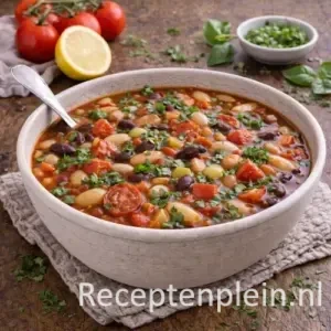 Frisse bonensoep met tomaat en kruiden in een kom op een rustieke houten tafel, verder uitgezoomd met rijpe tomaten, citroen en verse kruiden ernaast