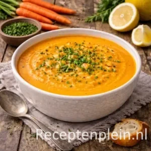 Frisse wortel-citroensoep met bieslook in een diepe kom, geserveerd op een rustieke houten tafel met verse wortelen, citroenhelften, fijngesneden bieslook, knoflook, brood en een linnen doek bij warm natuurlijk licht.