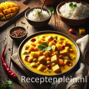 fruitige kipcurry in kom op rustieke houten tafel met rijst en kruiden