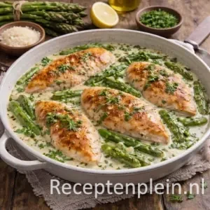 Gebakken kipfilet met asperges en romige kruidensaus in een schaal op een rustieke houten tafel, uitgezoomd met verse asperges en kruiden ernaast