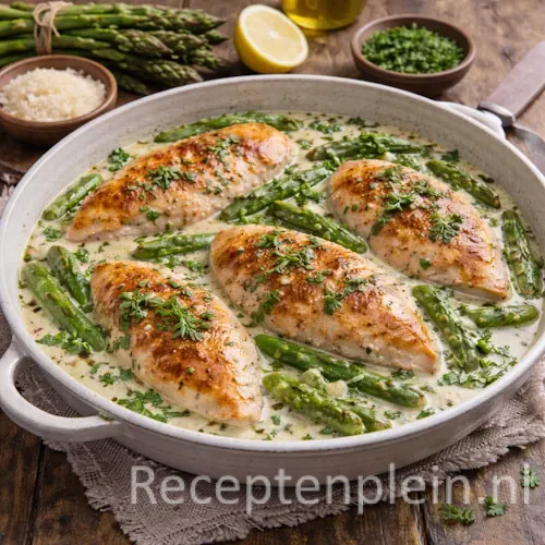 Gebakken kipfilet met asperges en romige kruidensaus in een schaal op een rustieke houten tafel, uitgezoomd met verse asperges en kruiden ernaast