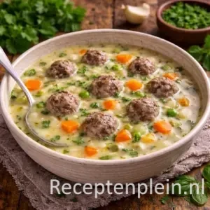 Gebonden groentesoep met gehaktballetjes in een kom op een rustieke houten tafel, uitgezoomd met verse groenten en kruiden ernaast