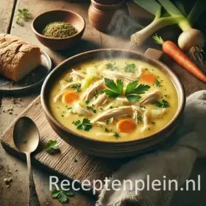 gebonden kippensoep in kom op rustieke houten tafel met kruiden