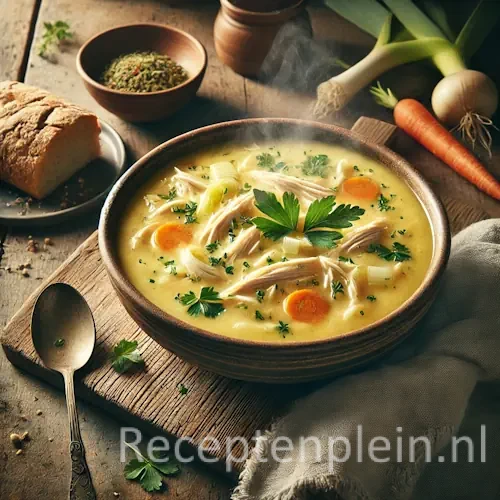 gebonden kippensoep in kom op rustieke houten tafel met kruiden