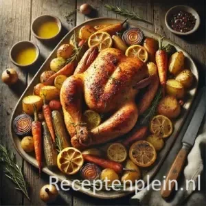 gebraden kip jamie oliver stijl goudbruin op rustieke houten tafel met kruiden