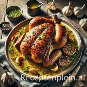 gebraden kip knoflook dragonbotersaus op rustieke houten tafel met kruiden