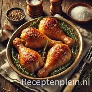 Geconfijte kip drumsticks met tijm in schaal op houten tafel