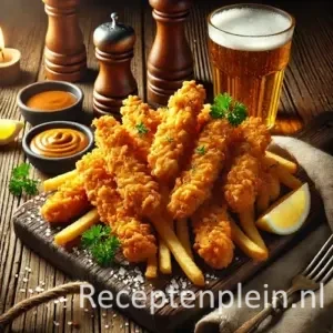 Gefrituurde kipreepjes in bierbeslag met dipsaus op houten tafel