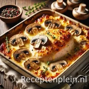 gegratineerde kipfilet champignons in ovenschaal op rustieke houten tafel