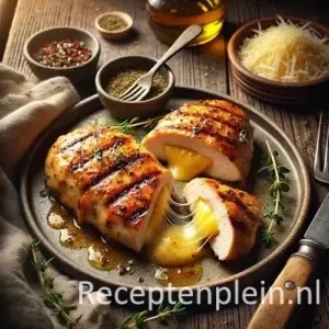 Gegrilde kipfilets gevuld met gesmolten kaas op rustieke houten tafel.