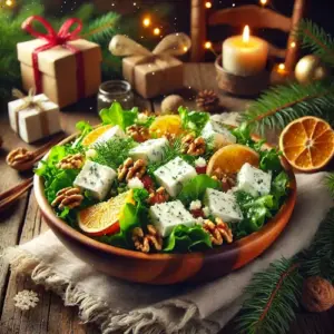 Feestelijke geitenkaassalade met veldsla, walnoten en citrusdressing geserveerd in een houten kom op een rustieke tafel met kerstdecoratie.