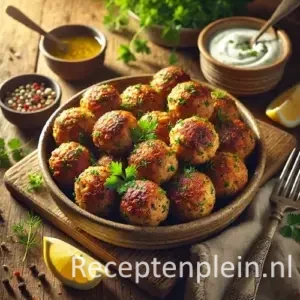 Gekruide kipballetjes met verse kruiden op rustieke houten tafel