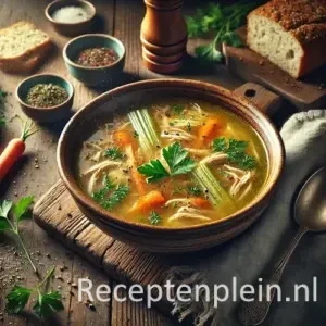 Gekruide kippensoep in kom op rustieke houten tafel