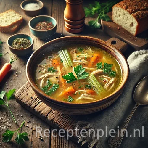 Gekruide kippensoep in kom op rustieke houten tafel