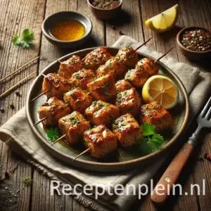 Gemarineerde kipblokjes met kruiden en citroen op houten tafel