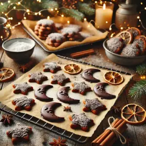 Maantjes- en stervormige gemberkoekjes met chocolade en kokos, feestelijk gepresenteerd op een houten tafel met kerstversiering en warme lichtsfeer.