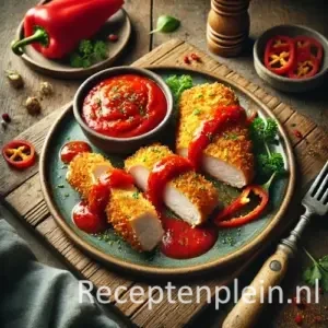 Gepaneerde kipfilet met verse paprikasaus op rustieke houten tafel