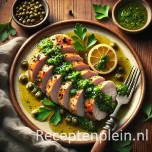 Gepocheerde kip met salsa verde en verse kruiden op rustieke houten tafel