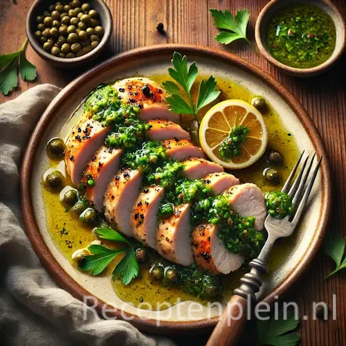 Gepocheerde kip met salsa verde en verse kruiden op rustieke houten tafel