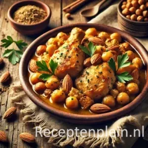 Gesmoorde kip met amandelen en kikkererwten in kruidige saus op houten tafel