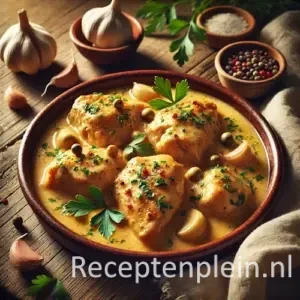 Gestoofde kip in knoflooksaus in pan op rustieke houten tafel