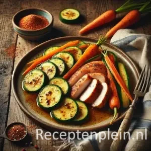 Gestoomde cajunkip met courgette en wortel op rustieke houten tafel