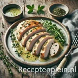 Gestoomde kipfilet met dragon en lichte saus op houten tafel