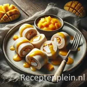 Gestoomde kiprolletjes met verse roomkaas en mangosaus op rustieke houten tafel
