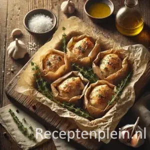 Geurige kippakketjes met kruiden en groenten op rustieke houten tafel