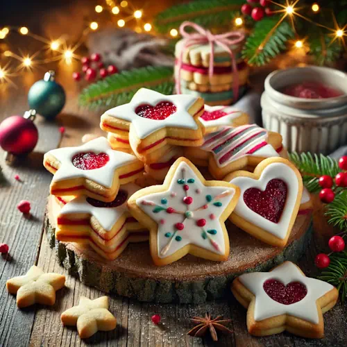 Zelfgebakken kerstkoekjes in ster- en hartvorm, gevuld met frambozenjam en gedecoreerd met glazuur, geserveerd op een rustieke houten tafel met kerstdecoratie zoals dennentakken en lichtjes.