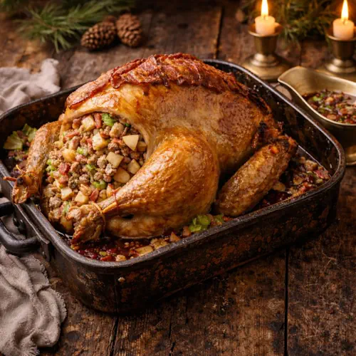 Goudbruin geroosterde kalkoen gevuld met appel, bleekselderij en gehakt, geserveerd in een rustieke braadslede op een houten tafel met rode wijnsaus en kerstdecoratie van dennen en kaarsen.