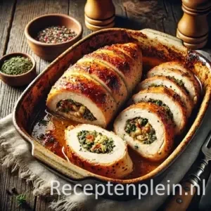 Gevulde kip uit de oven op rustieke houten tafel